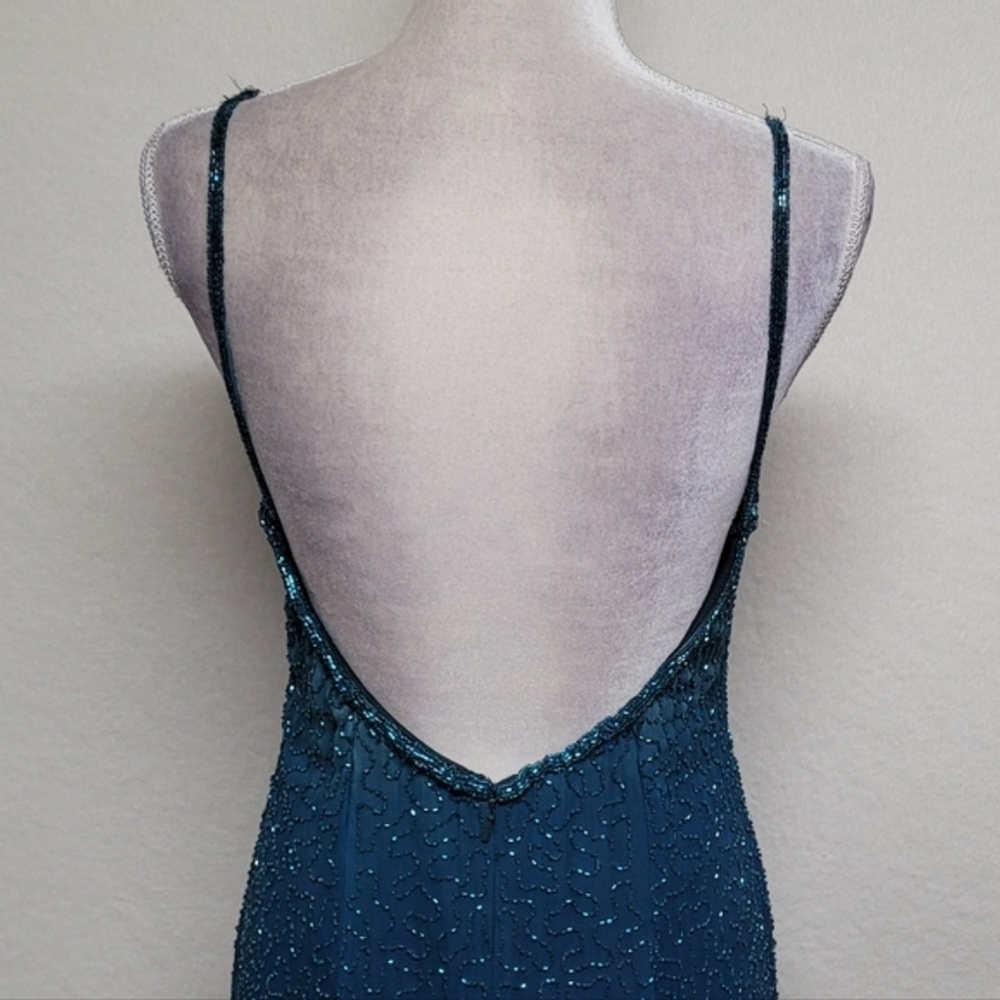 Laurence Kazar 90s Vintage Teal Ombre Beaded Silk Backless Maxi Formal Dress 8 - Picture 9 of 12